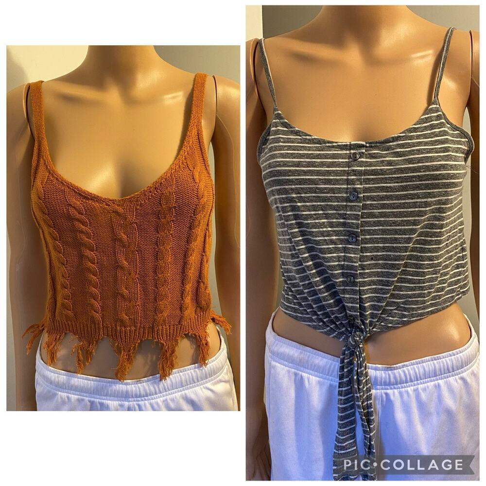Vintage Y2K Lot Of 2 Knit & Stretch Sleeveless Crop Tank Tops Women S Brown Gray